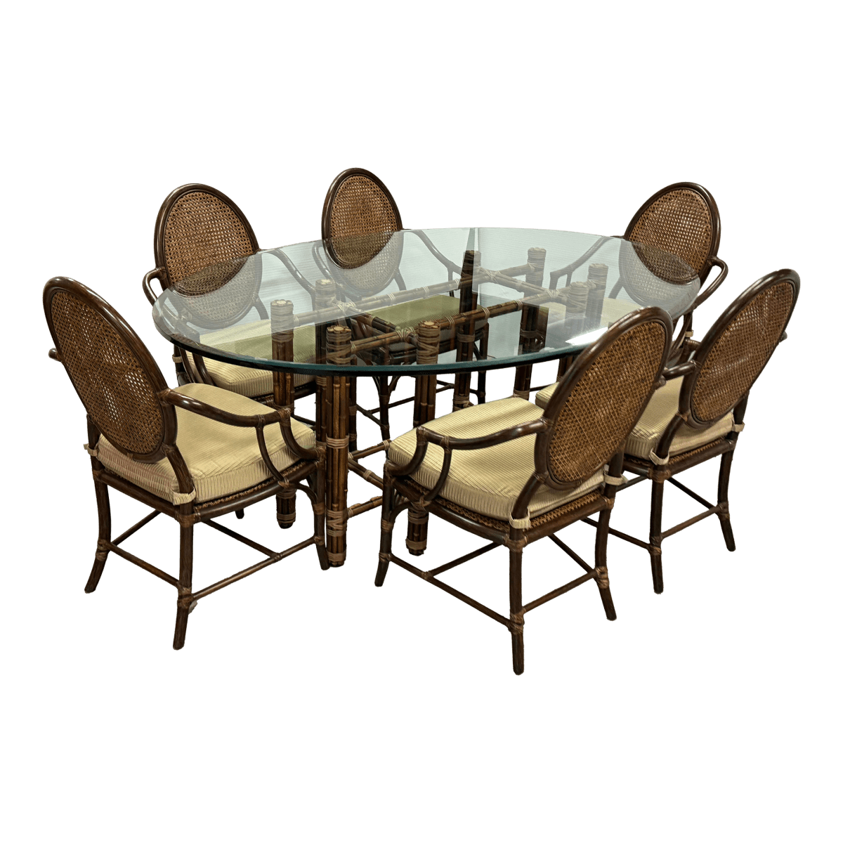 McGuire Furniture Oval Glass Top Dining Table + Six Double Cane Back Dining Armchairs, Vintage Set - Thumbnail 2
