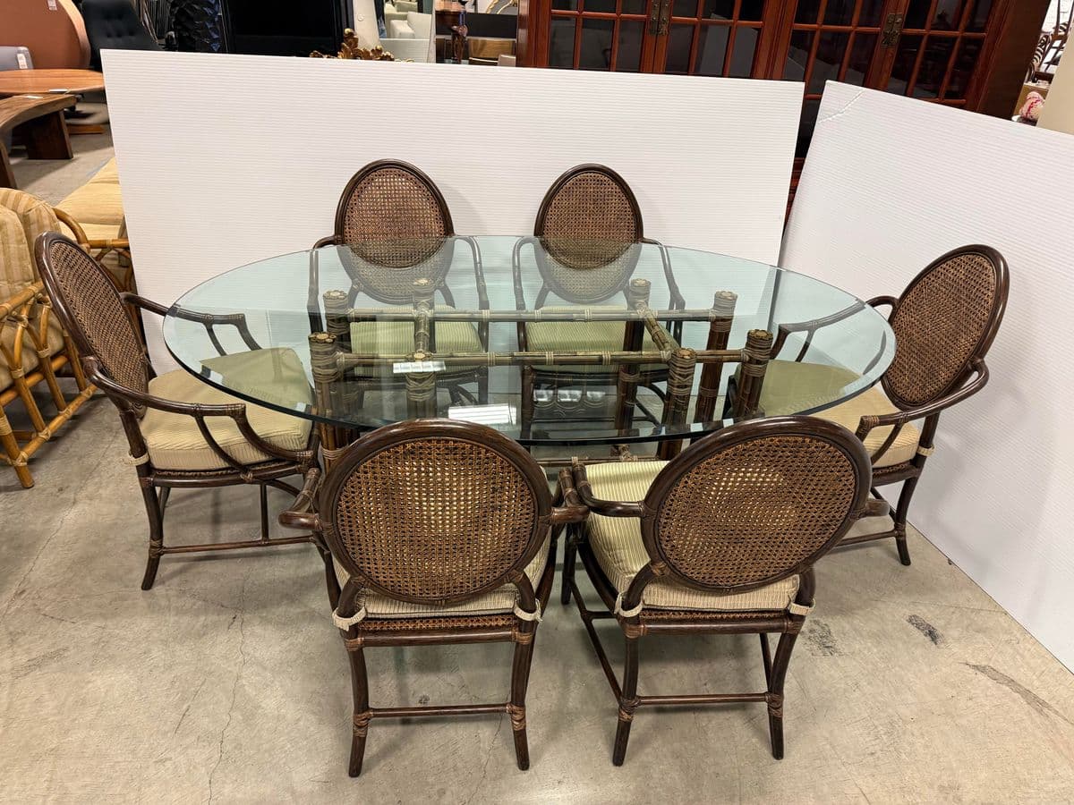 McGuire Furniture Oval Glass Top Dining Table + Six Double Cane Back Dining Armchairs, Vintage Set - Thumbnail 9