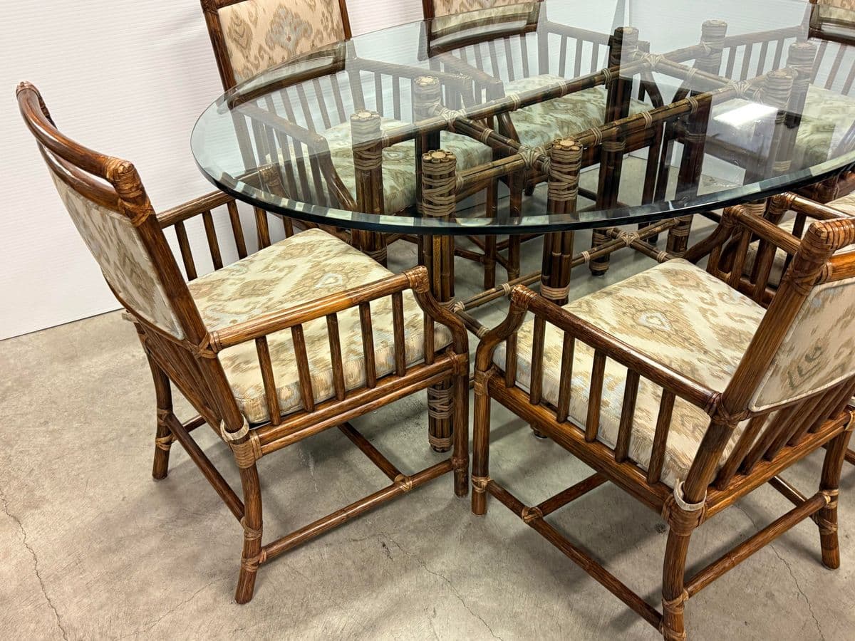 McGuire Furniture Oval Glass Top Dining Table + Six Far East Collection Dining Armchairs, Vintage Set - Thumbnail 7