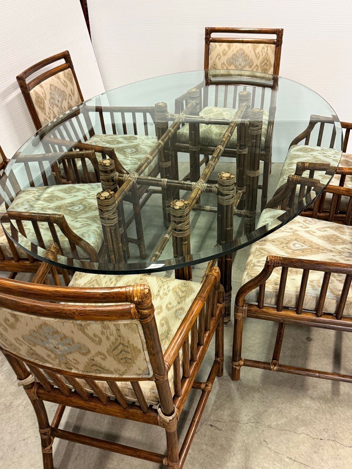 McGuire Furniture Oval Glass Top Dining Table + Six Far East Collection Dining Armchairs, Vintage Set - Thumbnail 6