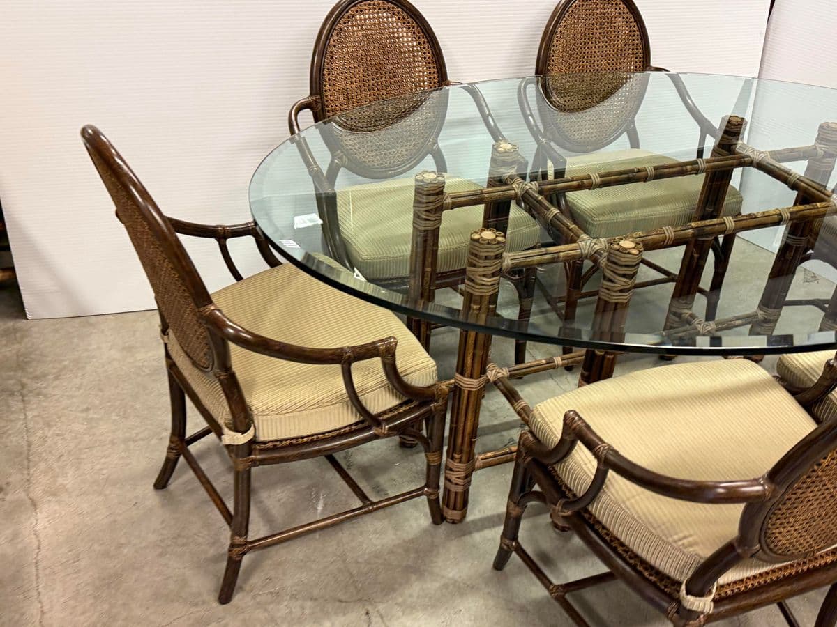 McGuire Furniture Oval Glass Top Dining Table + Six Double Cane Back Dining Armchairs, Vintage Set - Thumbnail 11