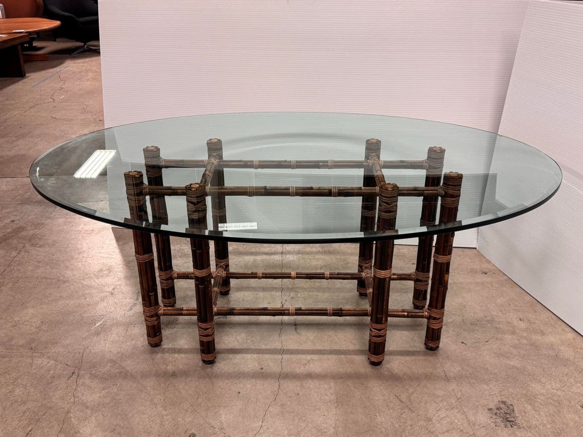 McGuire Furniture Bamboo Rattan + Glass Dining Table, Vintage - Thumbnail 3