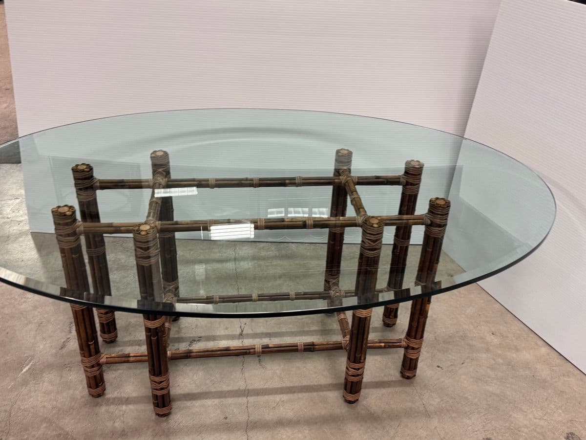 McGuire Furniture Bamboo Rattan + Glass Dining Table, Vintage - Thumbnail 4