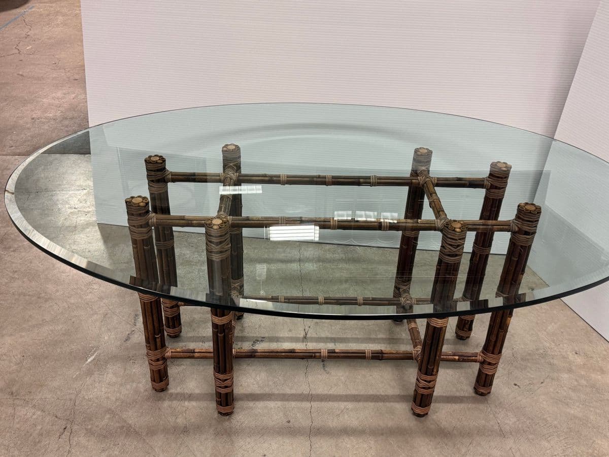 McGuire Furniture Bamboo Rattan + Glass Dining Table, Vintage - Thumbnail 5