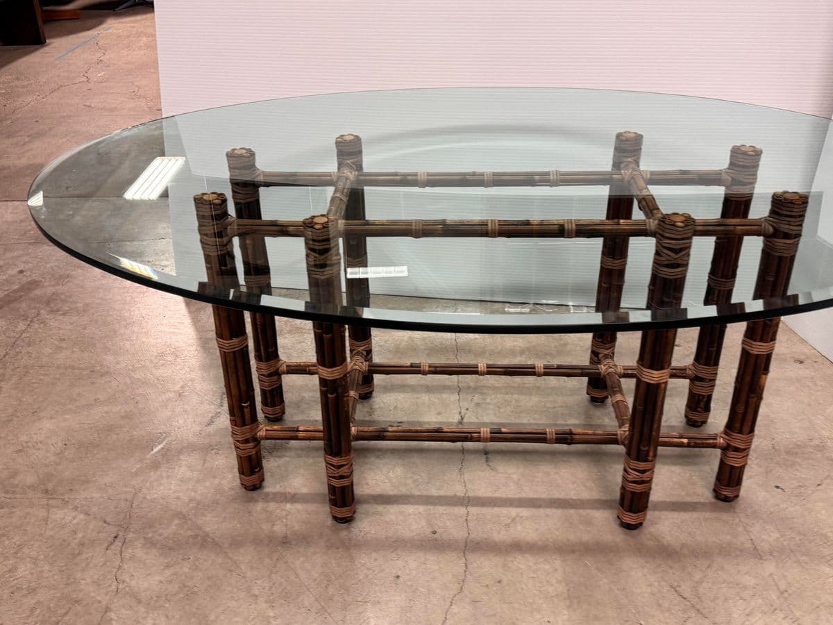 McGuire Furniture Bamboo Rattan + Glass Dining Table, Vintage - Thumbnail 11