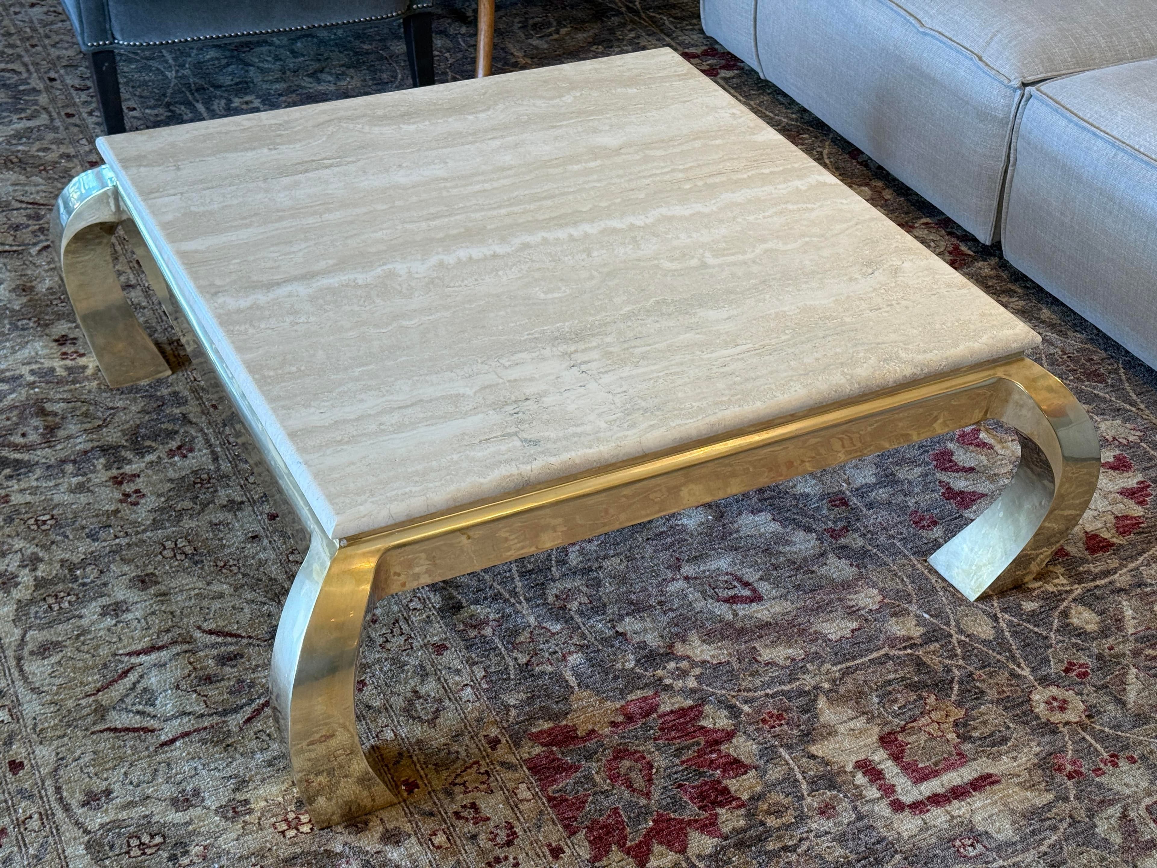 Henredon Italian Travertine + Brass Coffee Table, Circa 1970's - Thumbnail 4