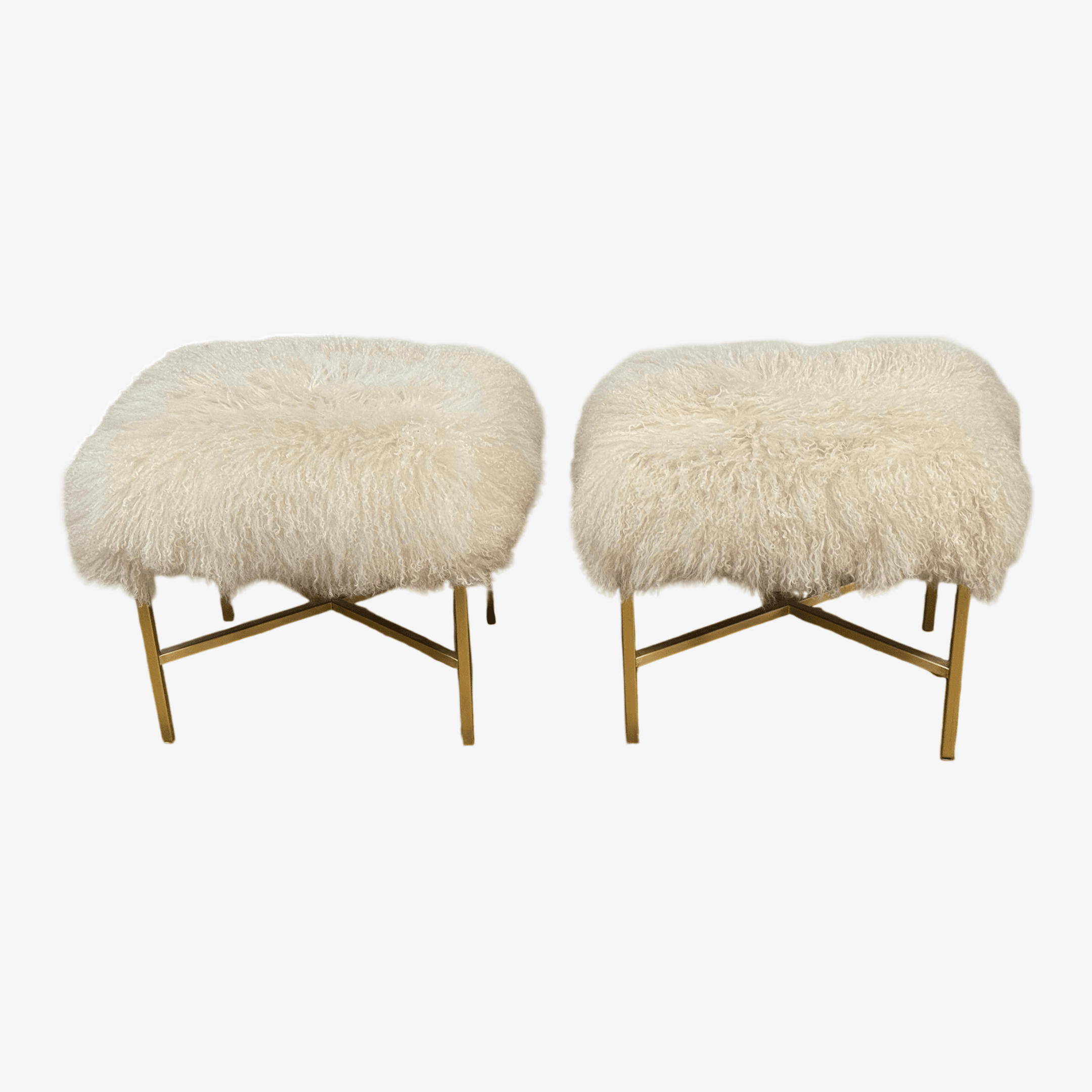 Outpost Original Tibetan Lambskin + Brass Ottomans, Pair - Image 1