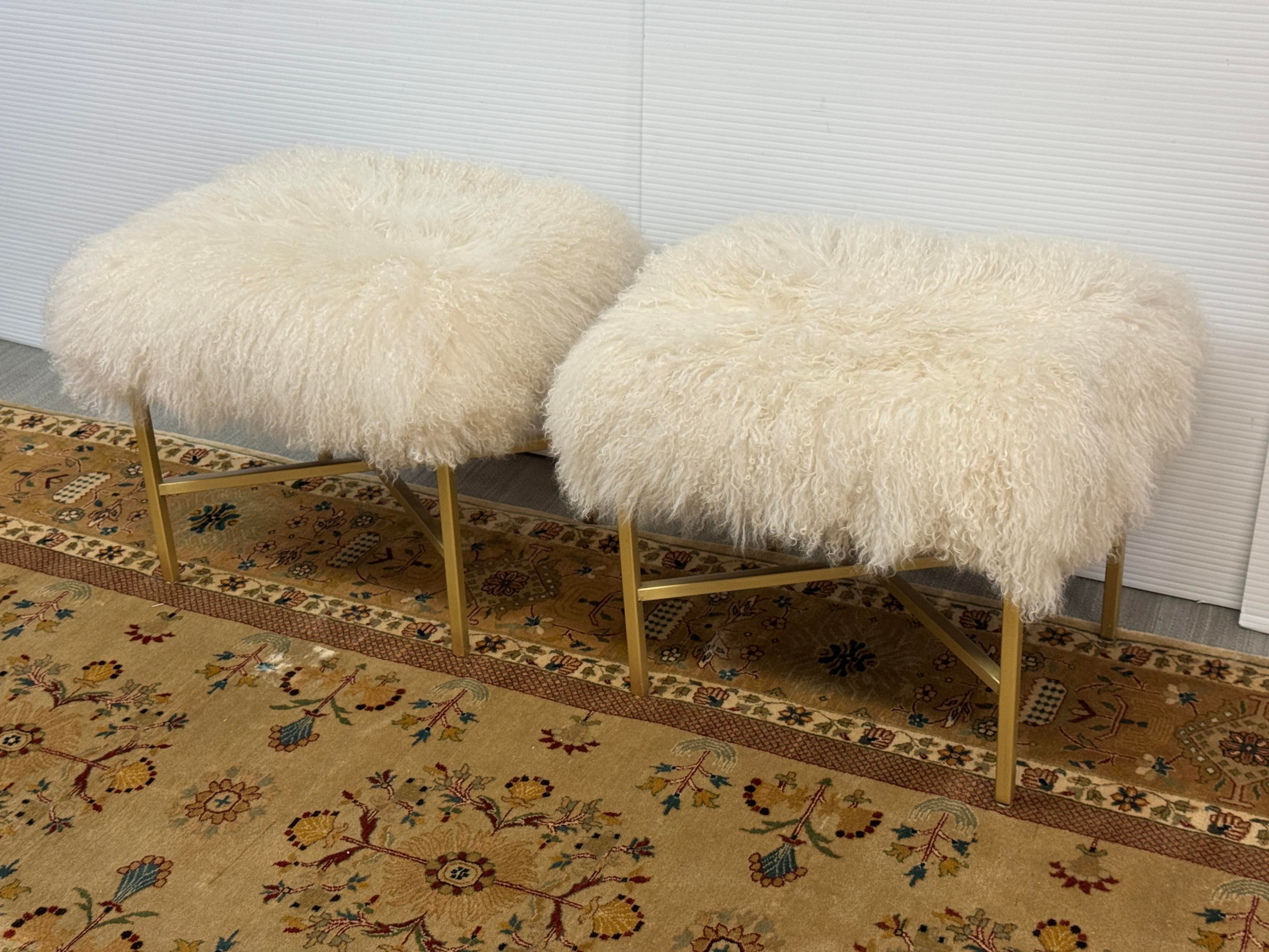 Outpost Original Tibetan Lambskin + Brass Ottomans, Pair - Thumbnail 3