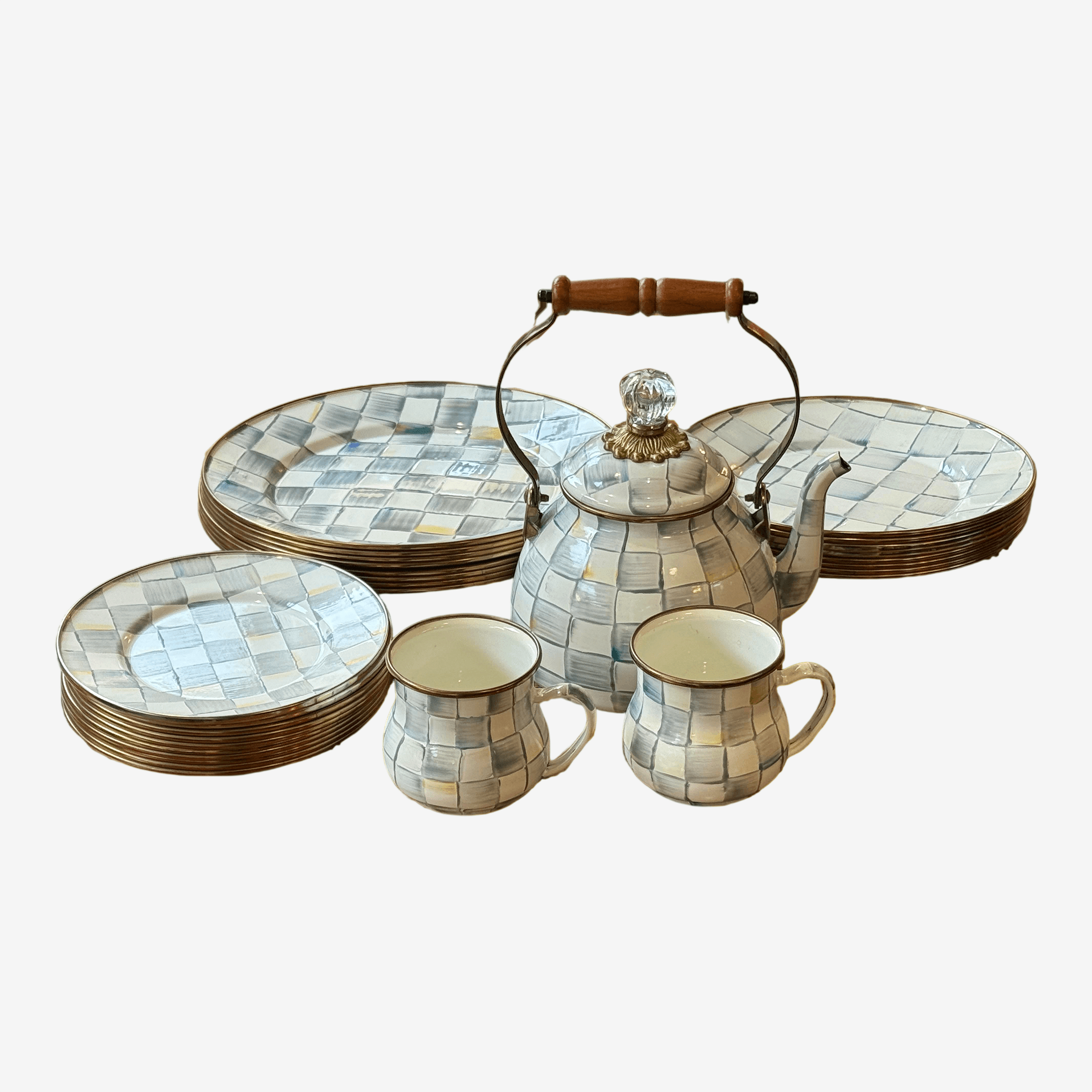 Mackenzie Childs Enamelware Sterling Check Dinnerware, Set of Twenty Nine - Image 1