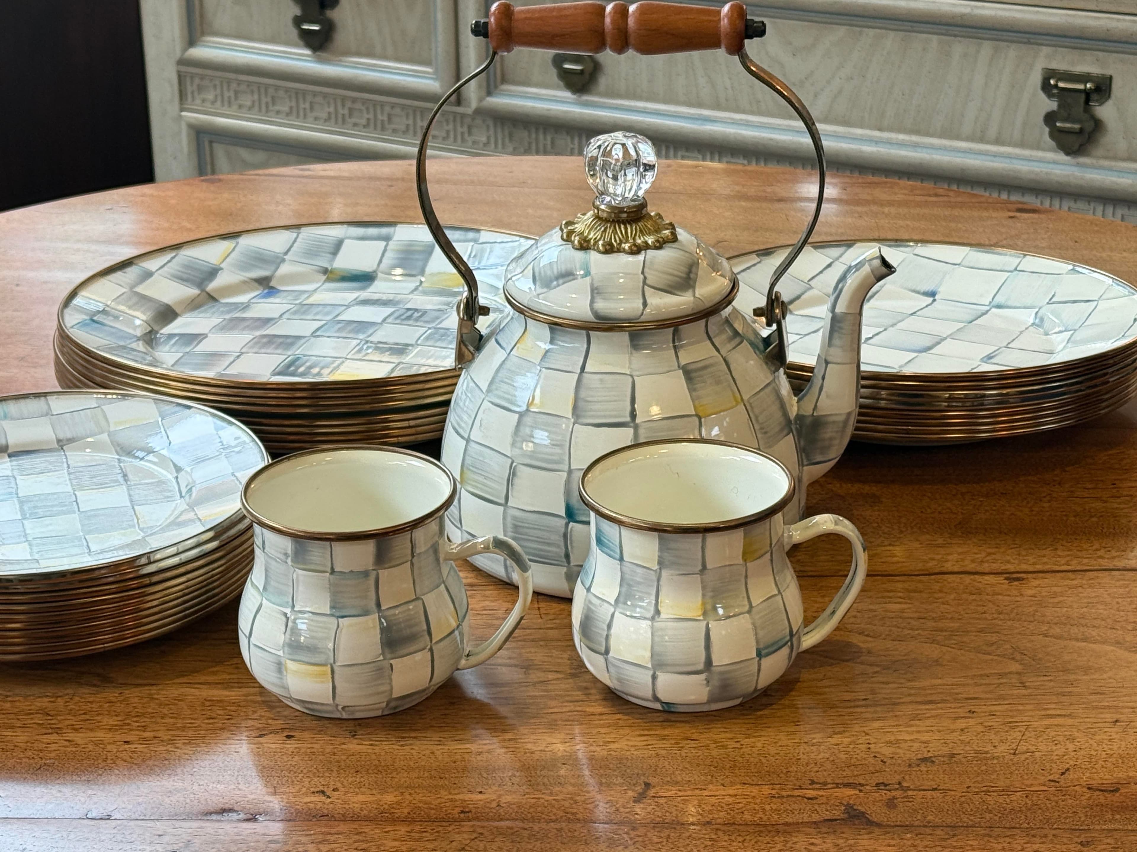Mackenzie Childs Enamelware Sterling Check Dinnerware, Set of Twenty Nine - Thumbnail 3