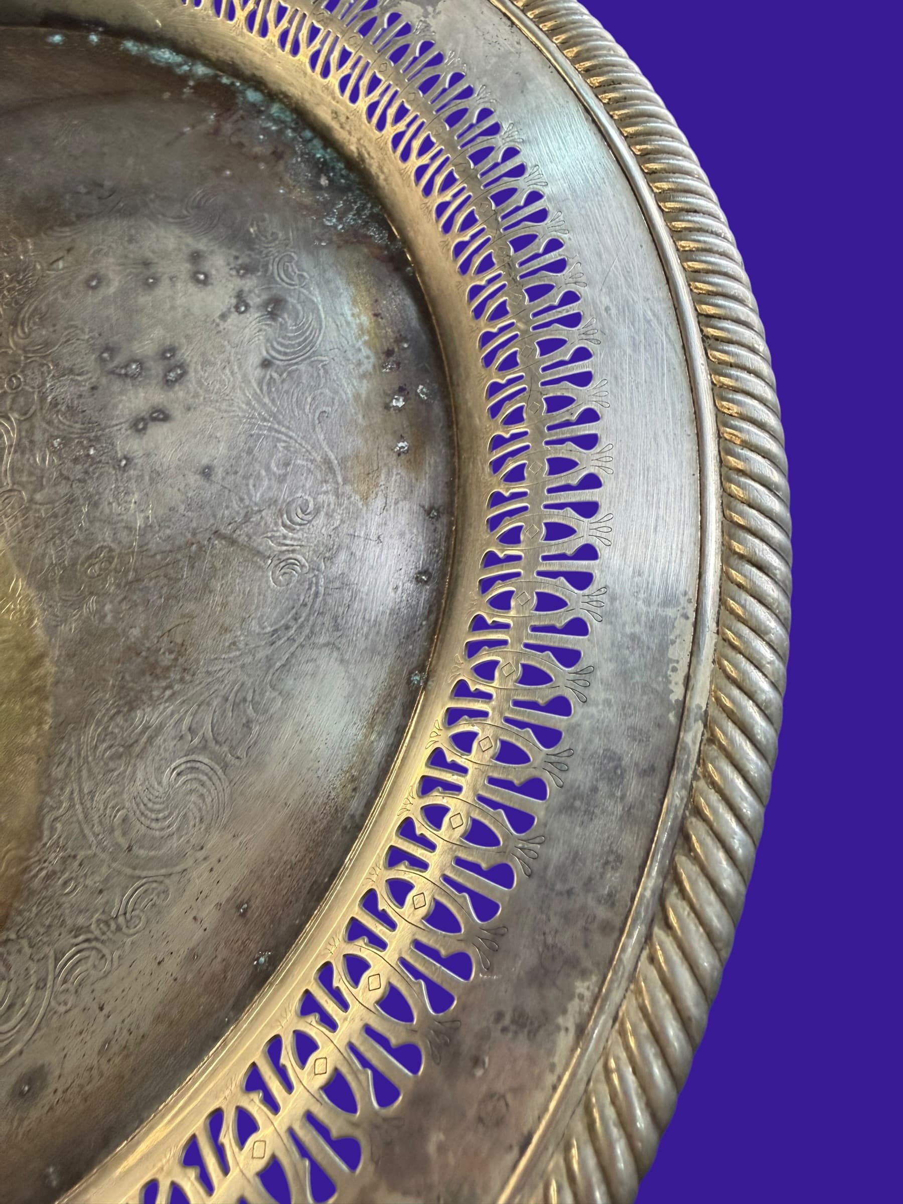 Vintage Silver Plate Round Tray Reticulated Pierced Gallery Rope Edge Engraved Floral Cottagecore - Thumbnail 2