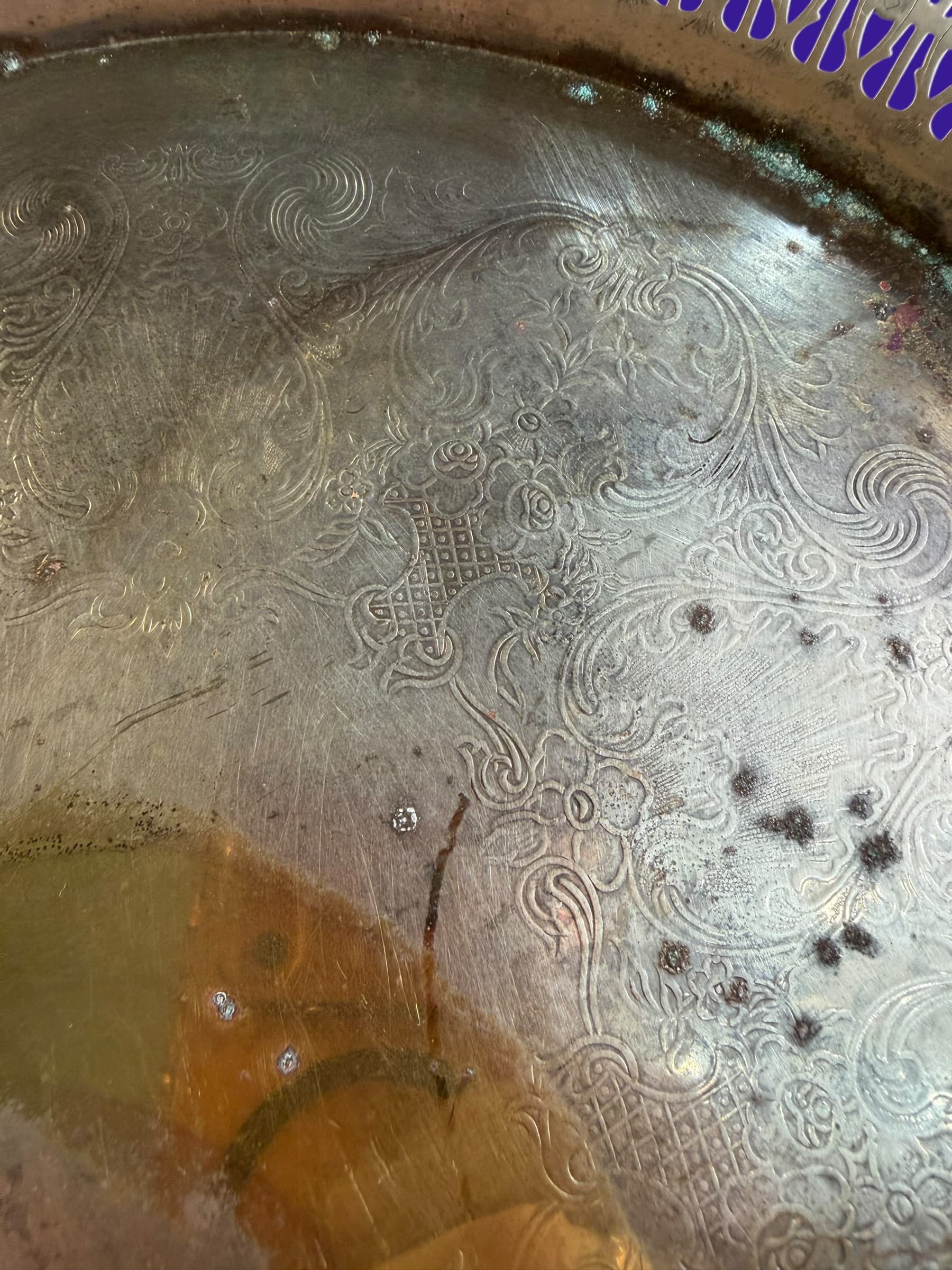 Vintage Silver Plate Round Tray Reticulated Pierced Gallery Rope Edge Engraved Floral Cottagecore - Thumbnail 5