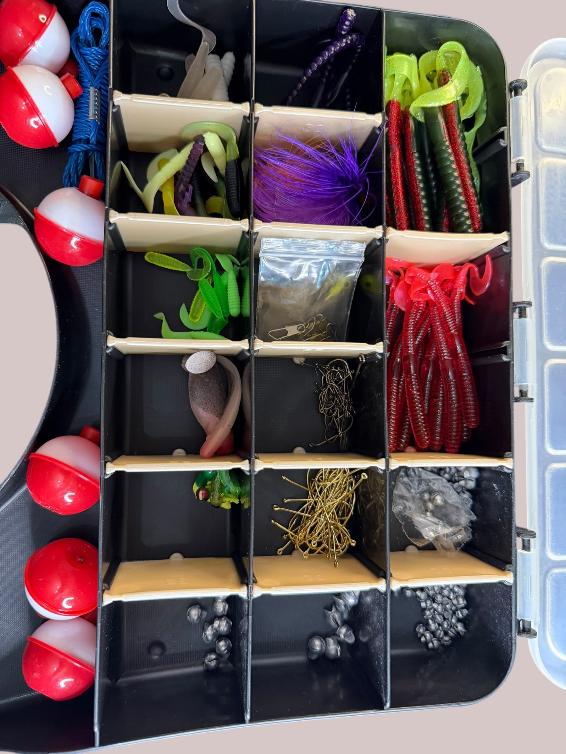 Fishing Tackle Box Kit Lot Worms Hooks Weights Bobbers Lures Used Loaded - Thumbnail 7