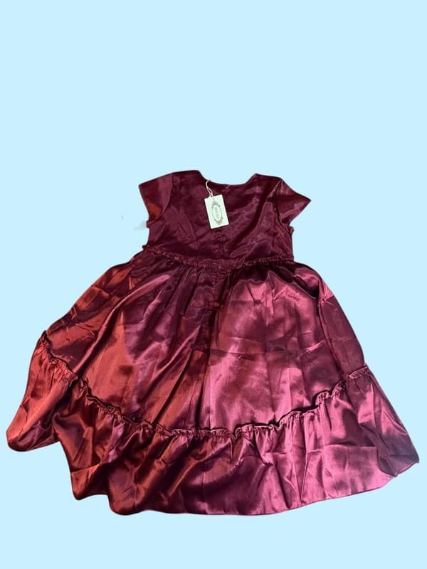 Joyfolie Lorelei Satin Tiered Ruffle Dress in Burgundy Size 12 - Thumbnail 4