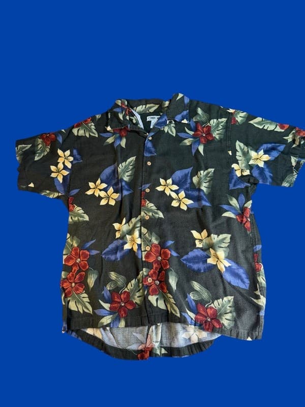 Cherokee Vintage Mens XL Floral Hawaiian Shirt Cotton Rayon Blend Black Tropical - Image 1
