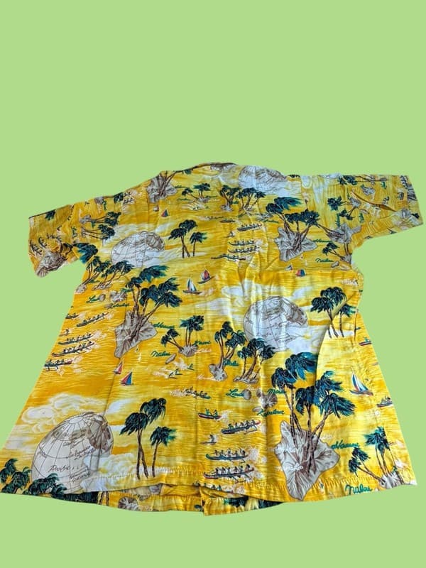 Vintage Ocean Pacific OP Yellow Rayon Hawaiian shirt Men's XL Globe Palm Trees - Thumbnail 2