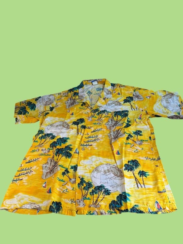 Vintage Ocean Pacific OP Yellow Rayon Hawaiian shirt Men's XL Globe Palm Trees - Image 1