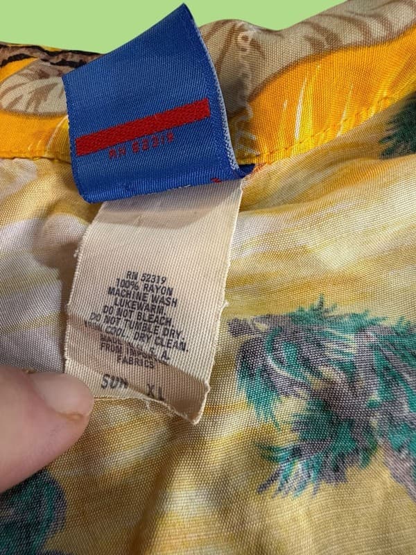 Vintage Ocean Pacific OP Yellow Rayon Hawaiian shirt Men's XL Globe Palm Trees - Thumbnail 4