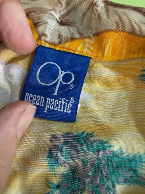 Vintage Ocean Pacific OP Yellow Rayon Hawaiian shirt Men's XL Globe Palm Trees - Thumbnail 5