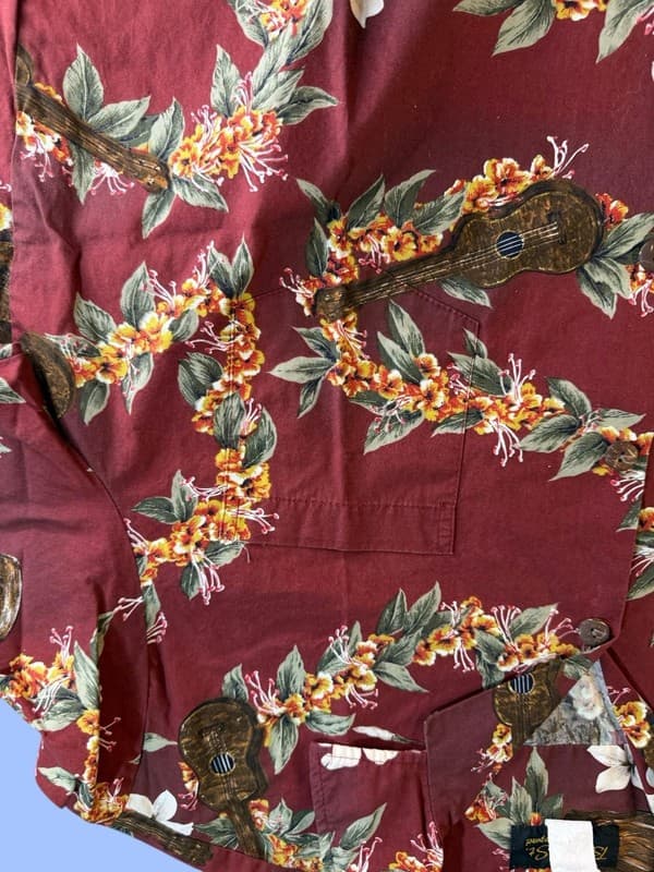 Vintage Bishop St. Apparel Men's XL Hawaiian Shirt Ukulele Floral Print Red - Thumbnail 8