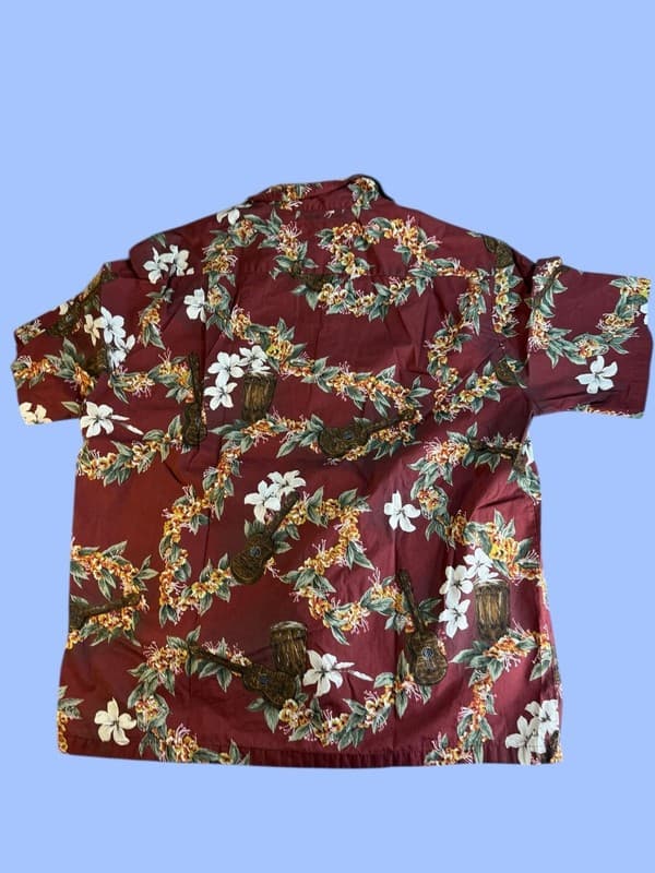 Vintage Bishop St. Apparel Men's XL Hawaiian Shirt Ukulele Floral Print Red - Thumbnail 4