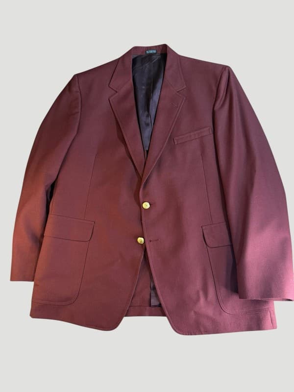 Vintage Jack Kahn Men's Burgundy Hopsack Blazer with Gold Buttons - Image 1