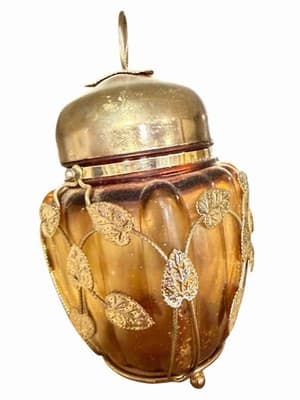 Vintage Schmid Musical Cookie Candy Jar Amber Glass Gold Leaf Accents Japan - Image 1