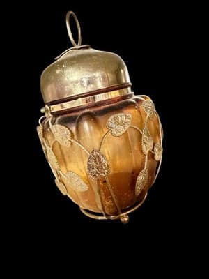 Vintage Schmid Musical Cookie Candy Jar Amber Glass Gold Leaf Accents Japan - Thumbnail 2