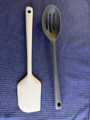 Core Kitchen Silicone 2pc Set Solid Cream Spatula & Gray Slotted Spoon Utensils - Image 1