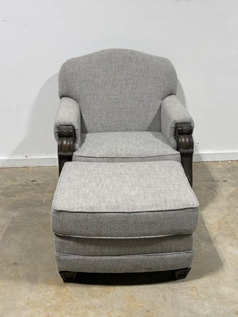 Ashley Sylewood Grey Linen Chair With Wooden Detail And Ottoman - Image 1