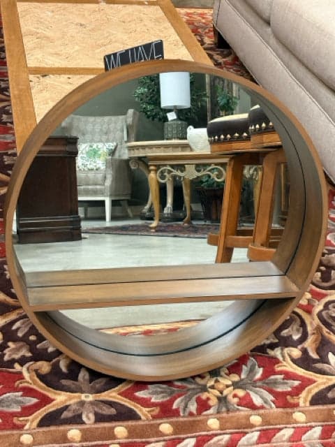 Round Wooden Mirror With Shelf - Image 1