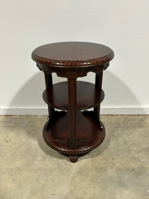 Round Cherry Wood Accent Table with 2 Shelves - Image 1