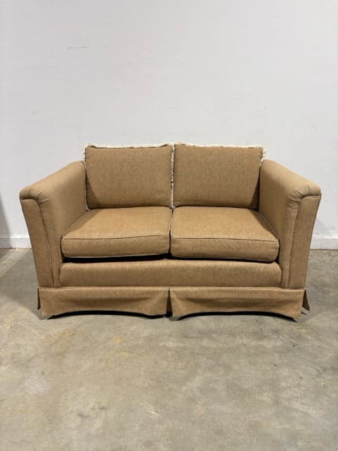 Beige Upholstered Loveseat with Fringed Back Cushions - Image 1