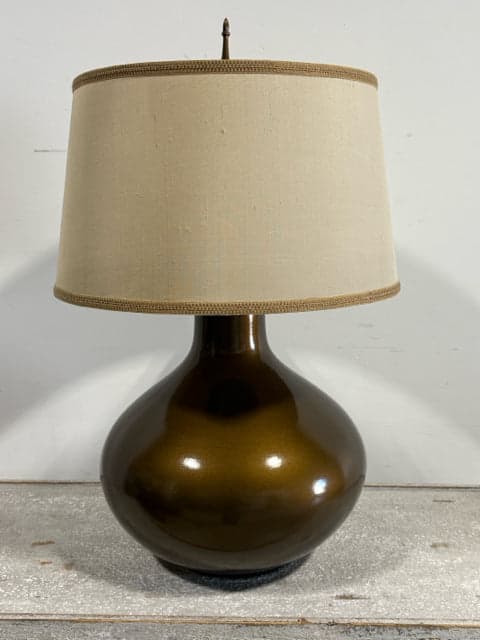 Bronze Gourd-Shaped Ceramic Table Lamp with Beige Shade - Image 1