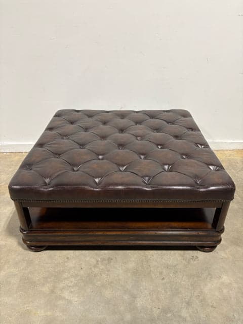 Bernhardt Brown Leather Tufted Normandie Manor Cocktail Ottoman With Side Trays - Image 1