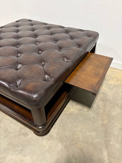Bernhardt Brown Leather Tufted Normandie Manor Cocktail Ottoman With Side Trays - Thumbnail 2