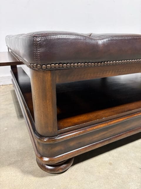 Bernhardt Brown Leather Tufted Normandie Manor Cocktail Ottoman With Side Trays - Thumbnail 4