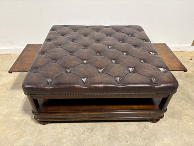 Bernhardt Brown Leather Tufted Normandie Manor Cocktail Ottoman With Side Trays - Thumbnail 3