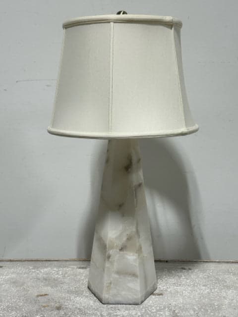 Alabaster Obelisk Table Lamp with Light up Base and White Shade - Image 1
