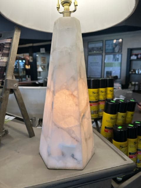 Alabaster Obelisk Table Lamp with Light up Base and White Shade - Thumbnail 4