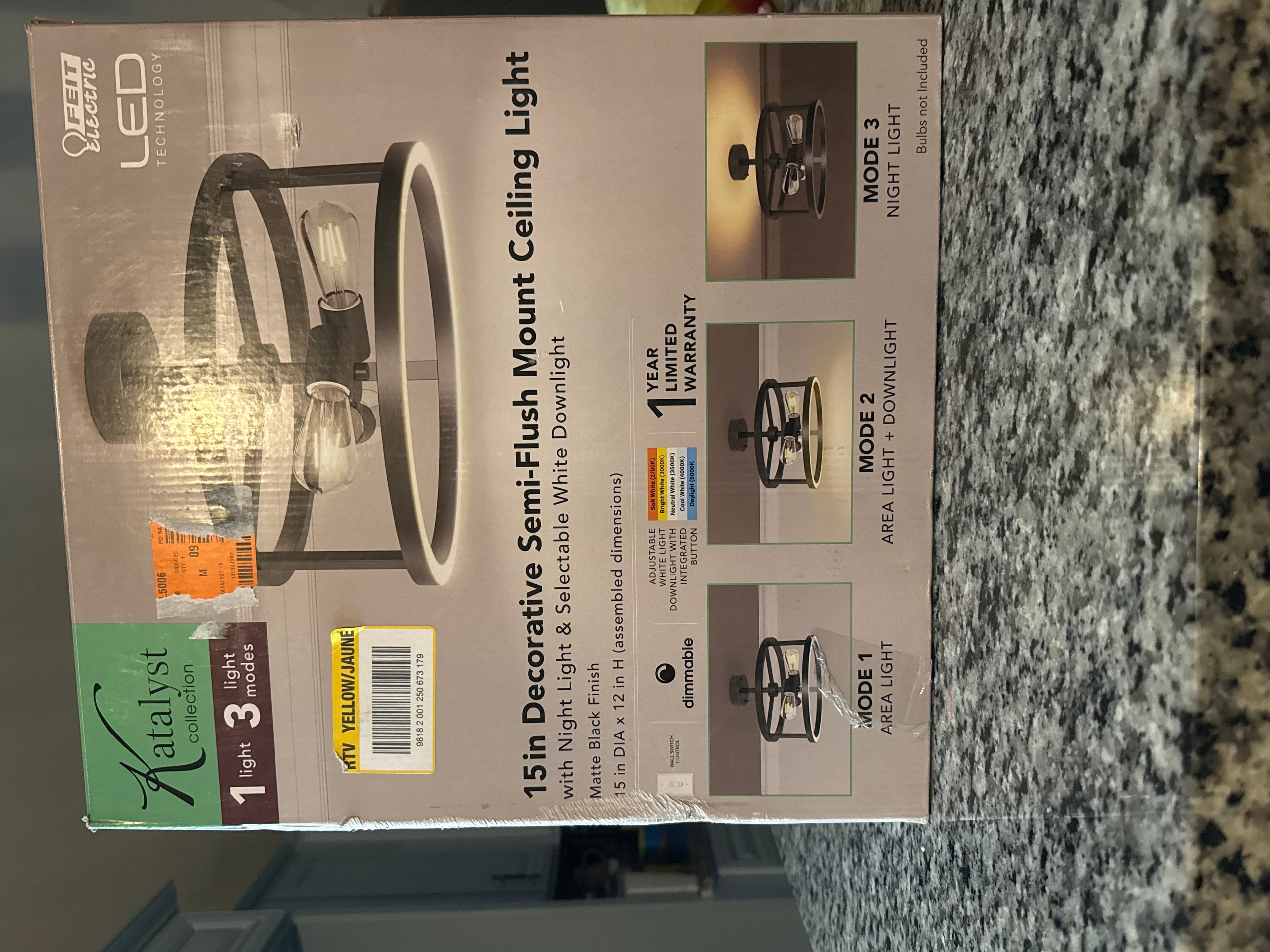 Feit Electric FM15/6WY/NL/BLK Matte Black Katalyst Collection LED Semi Flush Decorative Ceiling Light Fixture, Multi-Color Temperature, Voltage 120V 2 Pack Regular