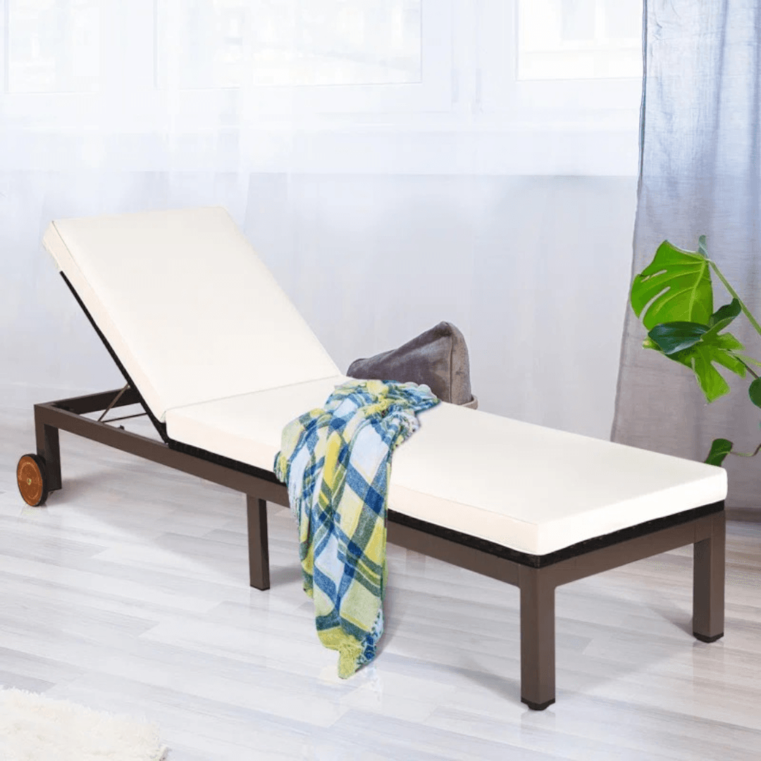 Costway Brown Back Adjustable Rattan Chair Chaise Recliner with Beige Cushions - Image 1