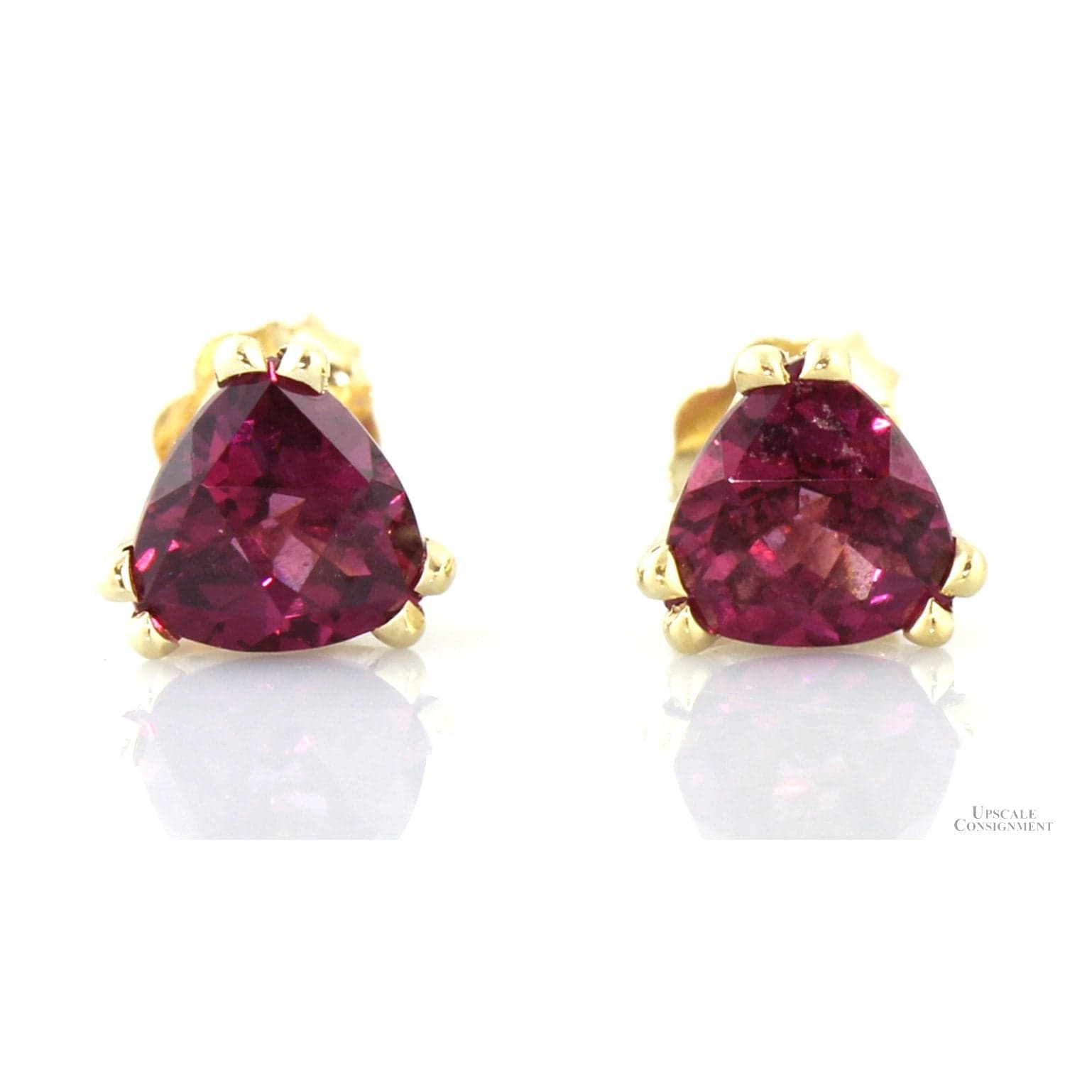 14K Gold 7mm Trillion Cut Rhodolite Garnet Earrings - Image 1