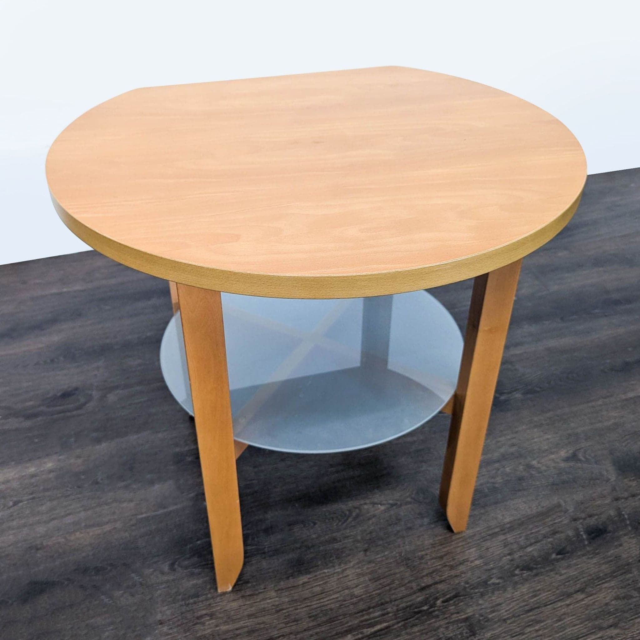 Round Wood End Table with Flat Back and Glass Shelf - Thumbnail 3
