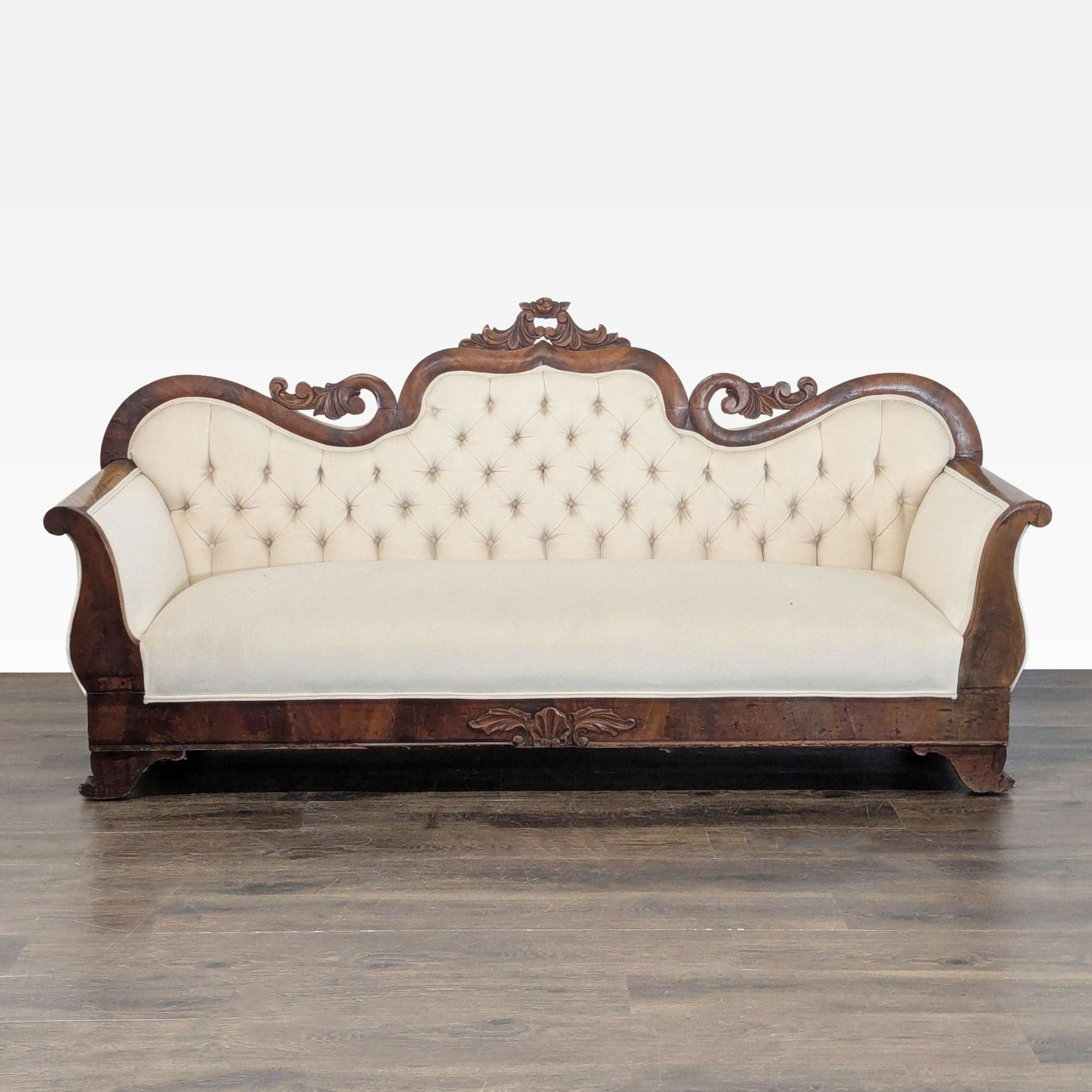 Antique 3-Seat Sofa with Carved Wood Frame and Cream Upholstery - Image 1