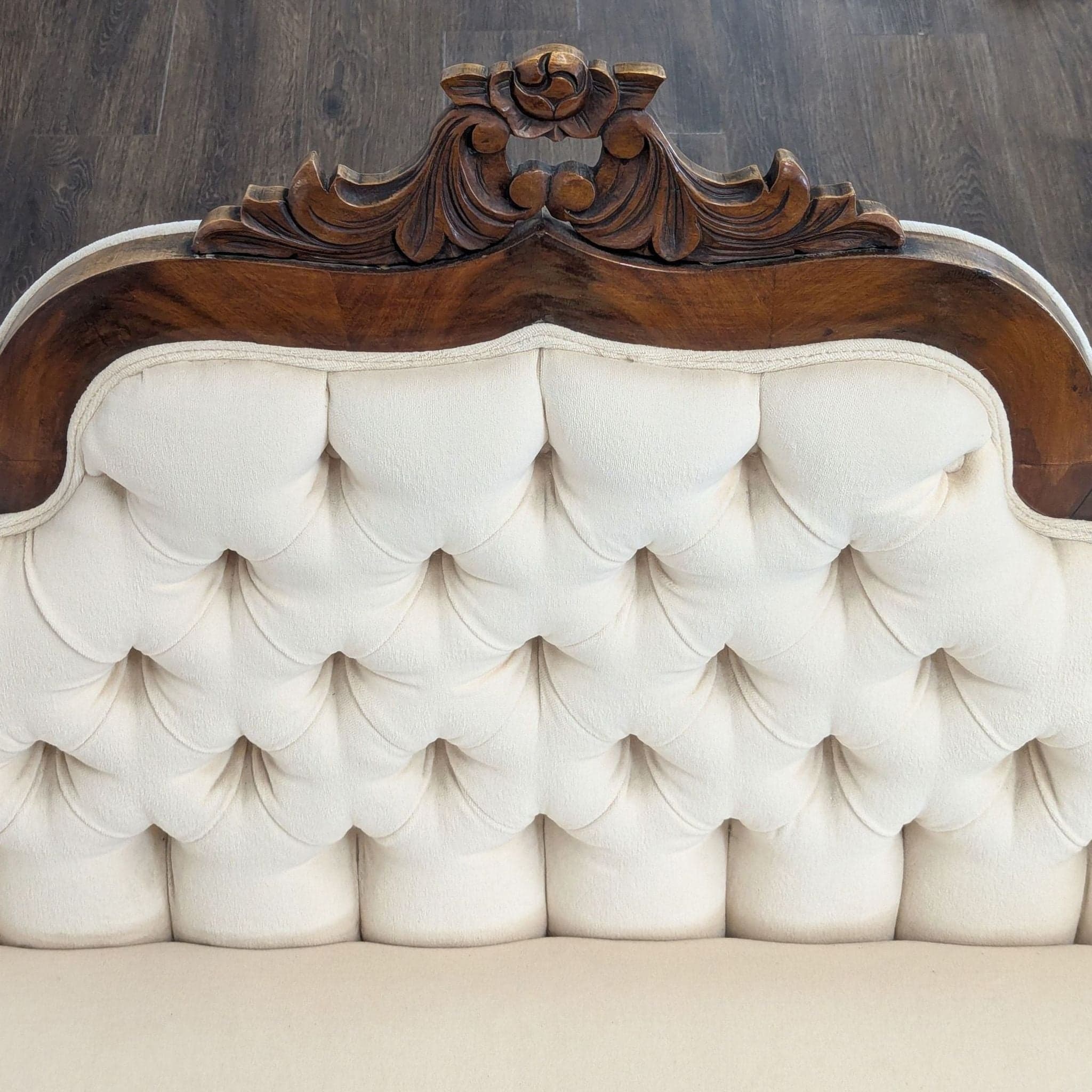 Antique 3-Seat Sofa with Carved Wood Frame and Cream Upholstery - Thumbnail 6