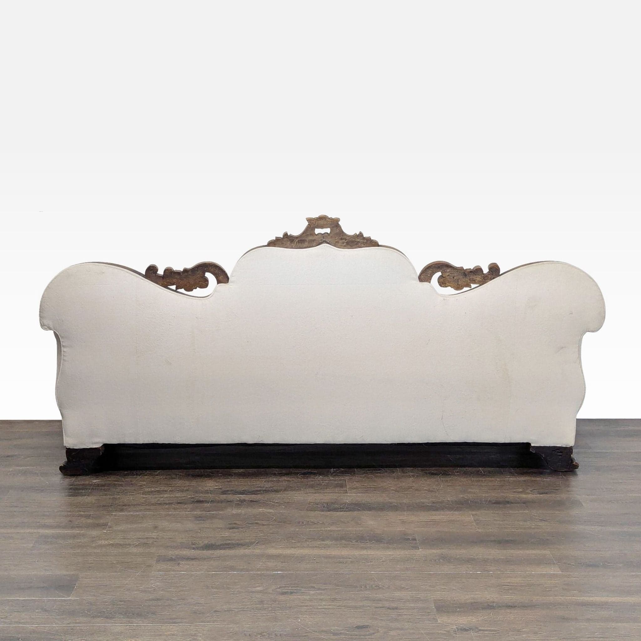 Antique 3-Seat Sofa with Carved Wood Frame and Cream Upholstery - Thumbnail 4