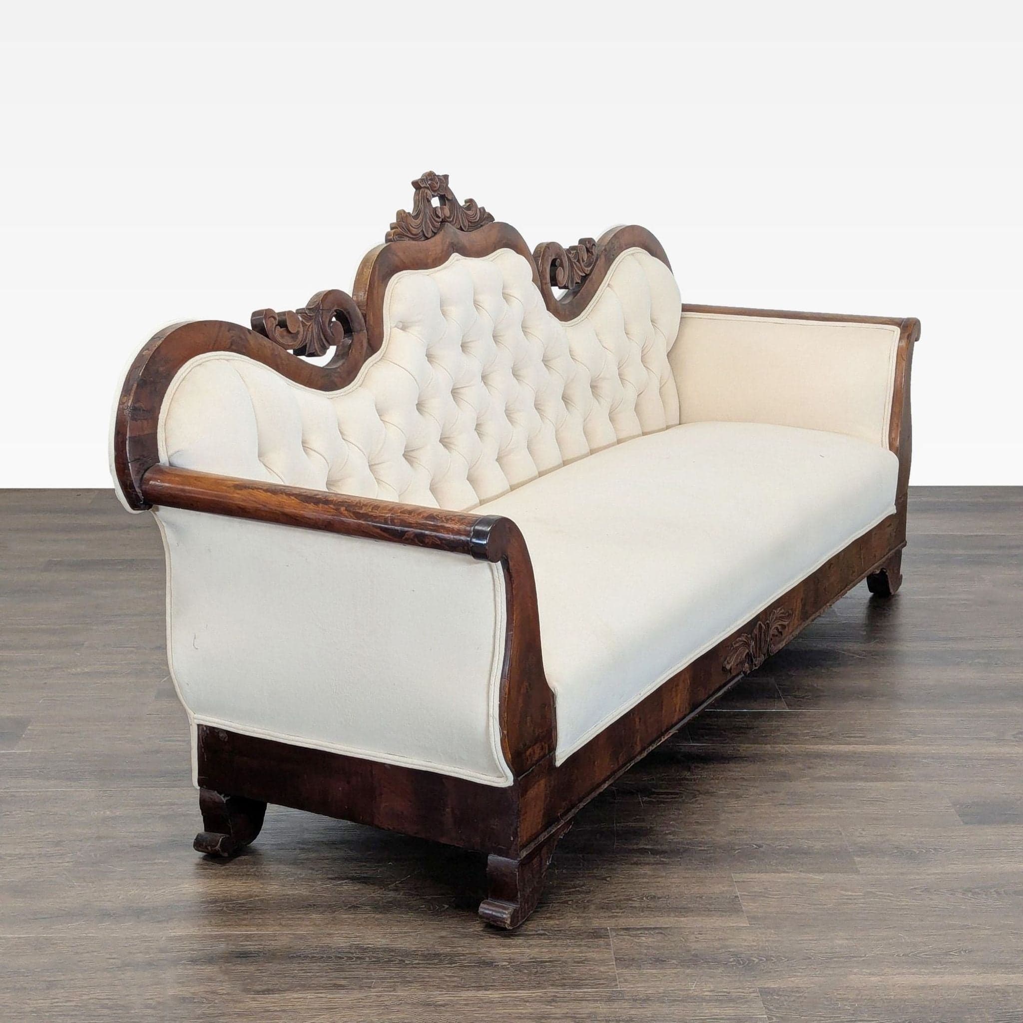 Antique 3-Seat Sofa with Carved Wood Frame and Cream Upholstery - Thumbnail 2