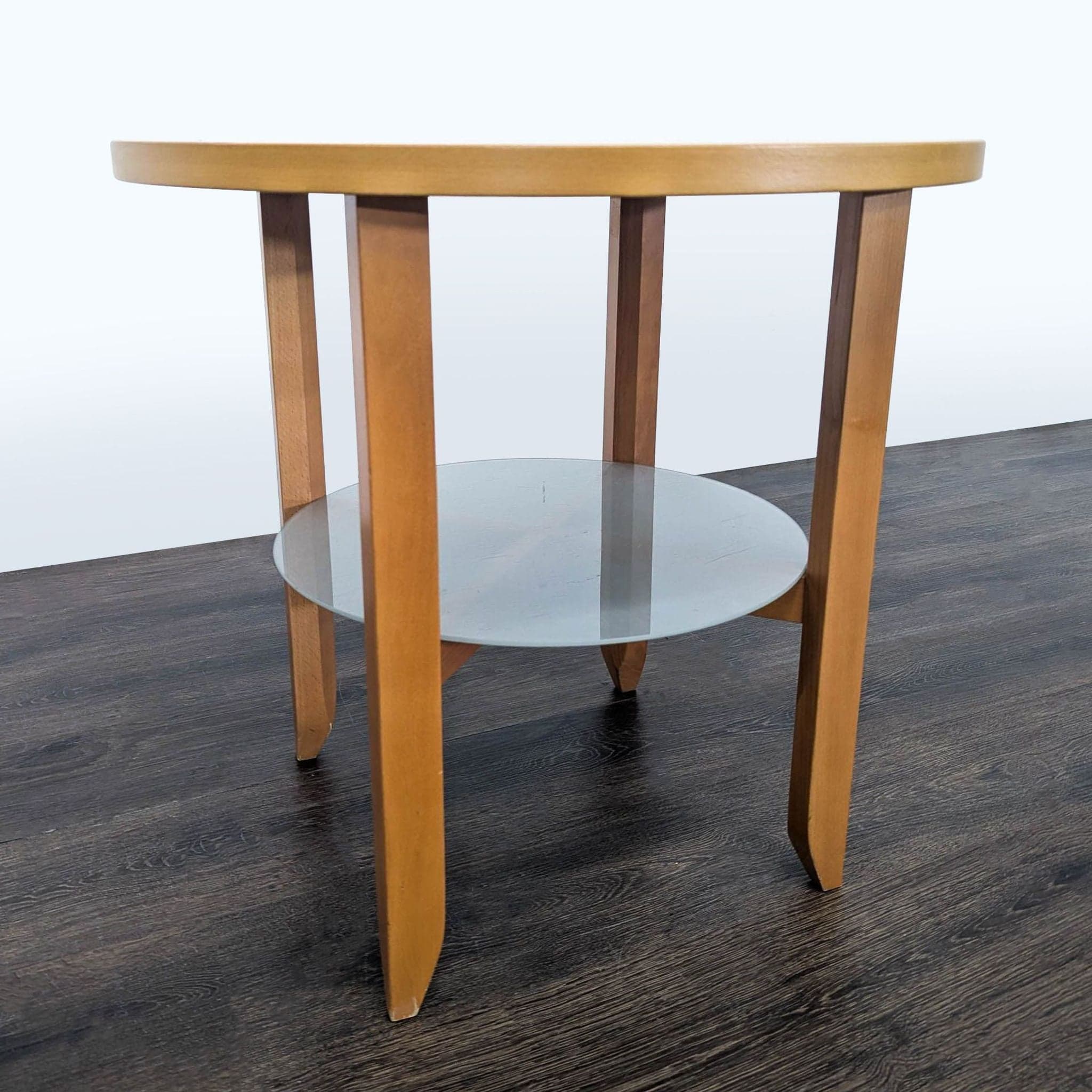 Round Wood End Table with Flat Back and Glass Shelf - Thumbnail 2