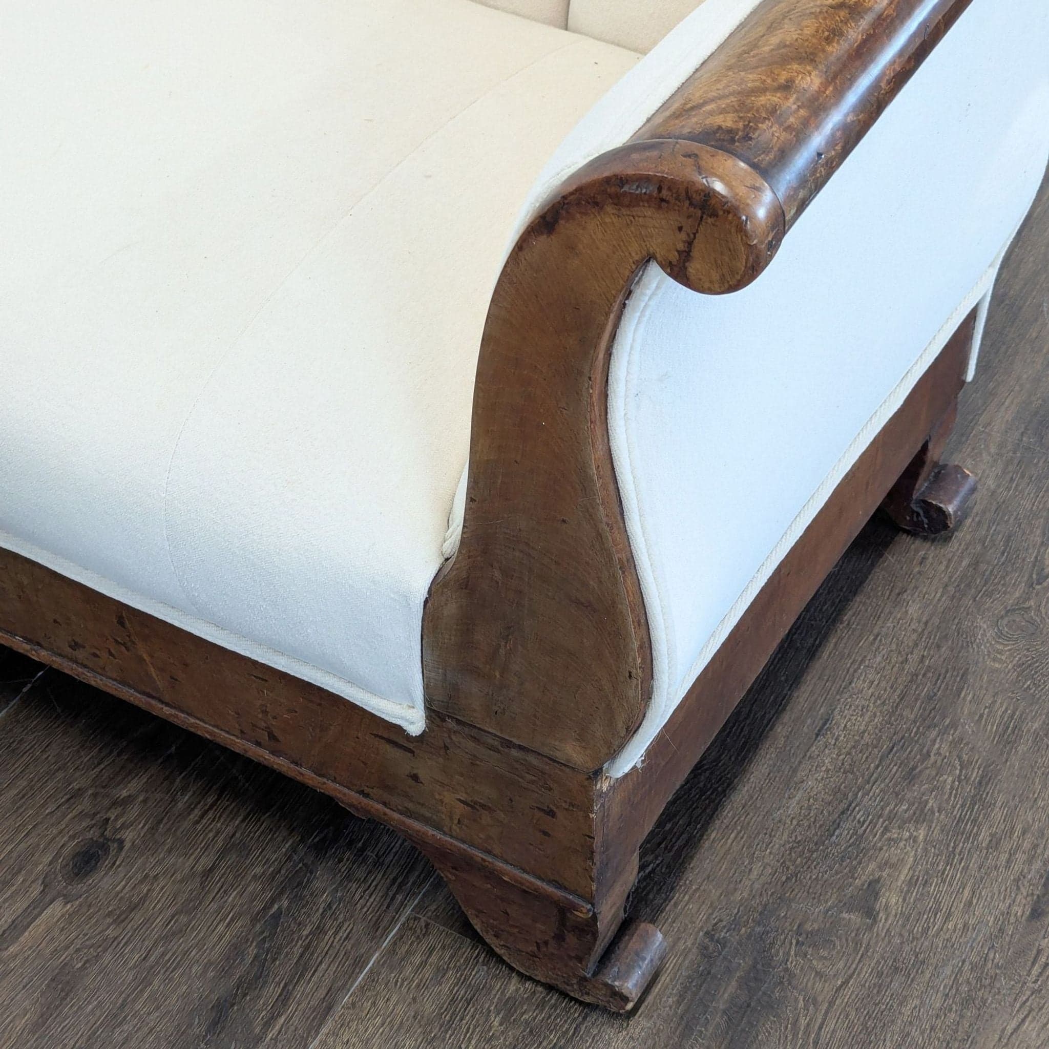 Antique 3-Seat Sofa with Carved Wood Frame and Cream Upholstery - Thumbnail 7